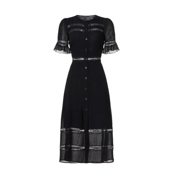 NWT NWT Reformation Woodson in Black Lace Trim Midi Button Down Shirt Dress 12 - Picture 1 of 10